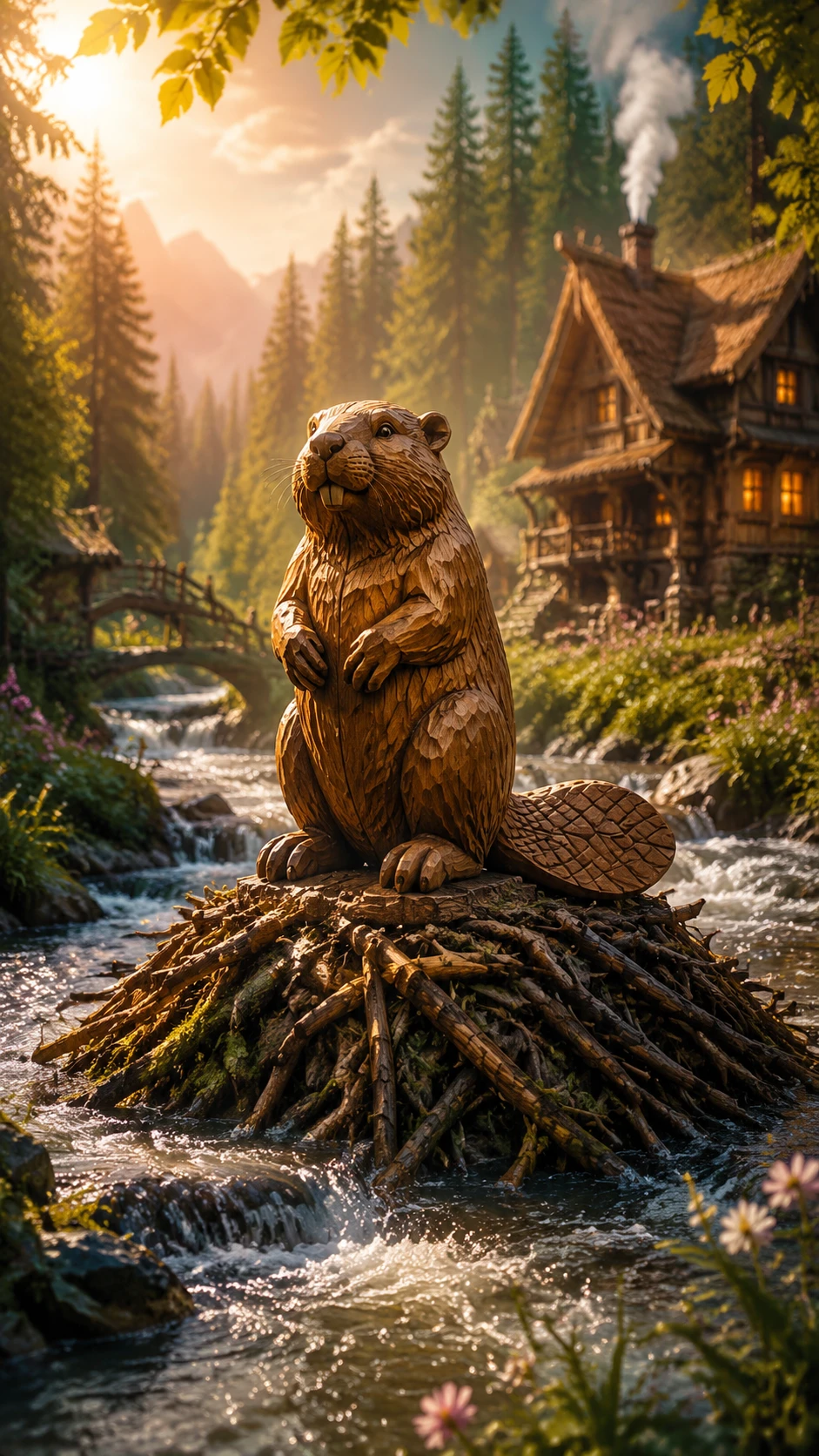 Statue de castor en bois sur un barrage dans un ruisseau ensoleillé de forêt