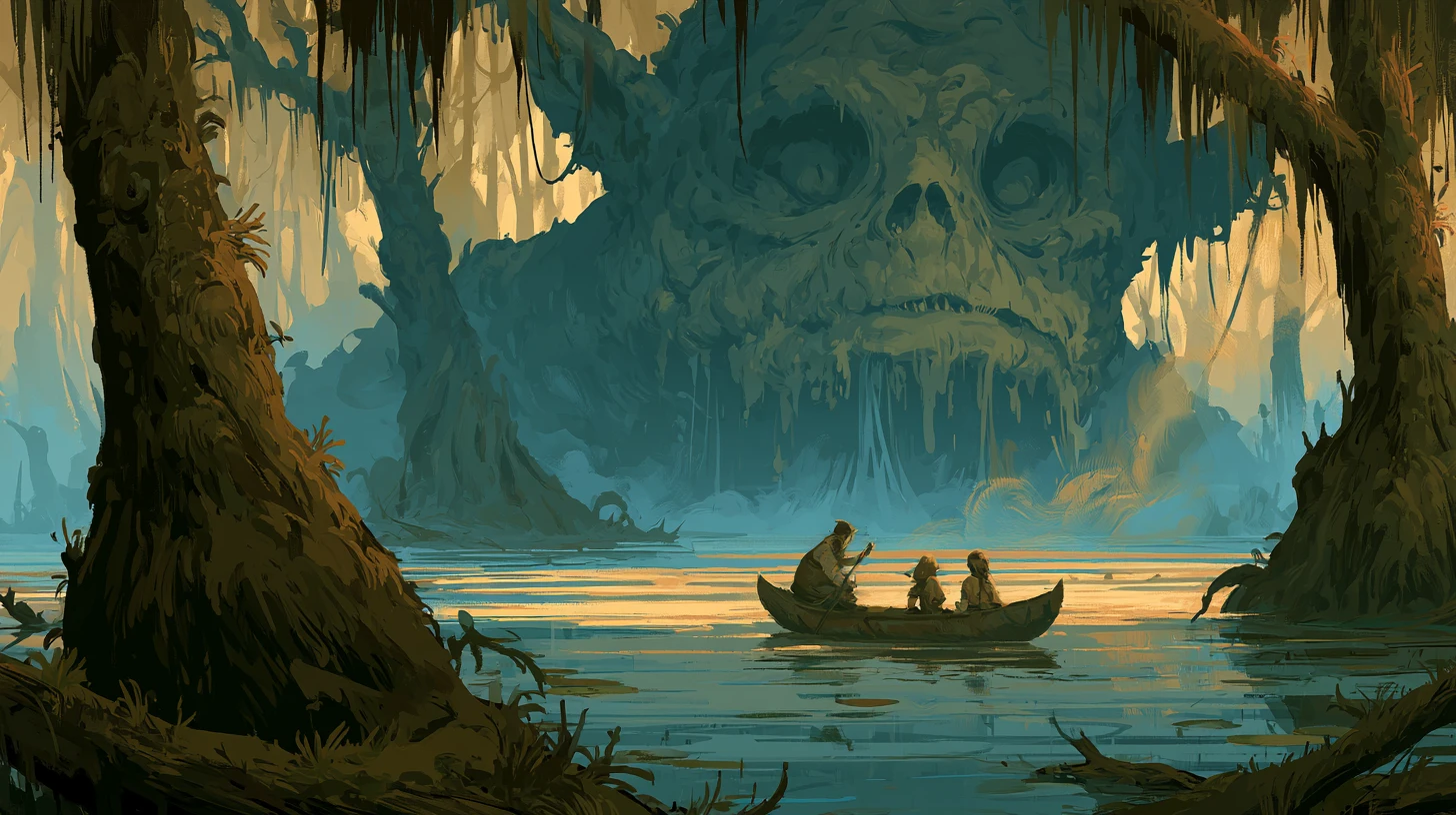 Macabre monster rising from an enchanted swamp before canoeists