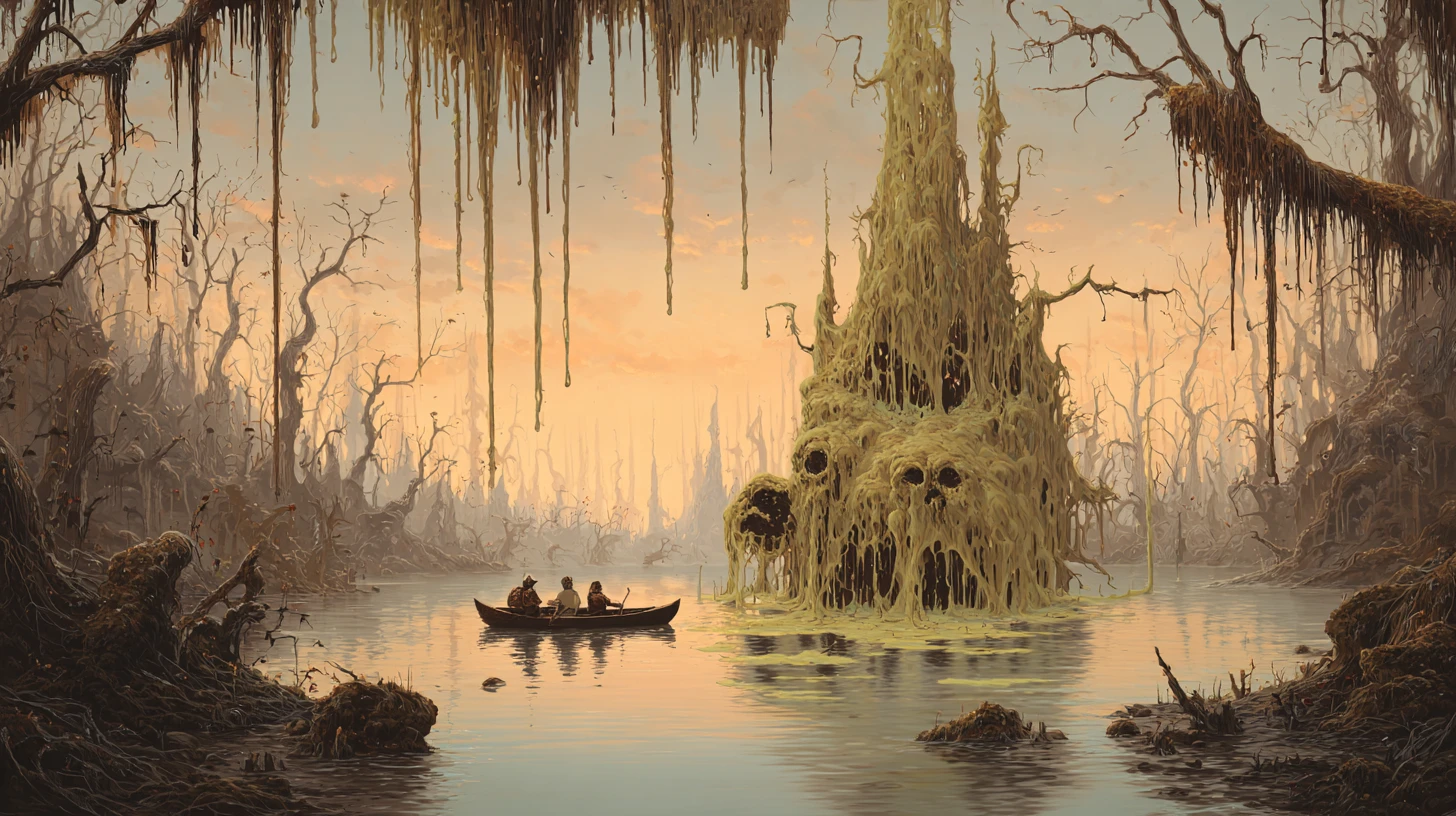 Monster rising from enchanted swamp before terrified canoeists
