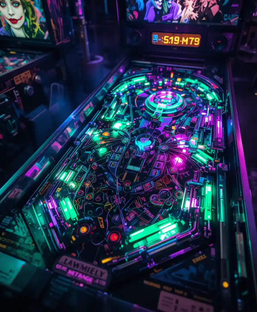 Flipper al neon in una sala giochi oscura e minacciosa