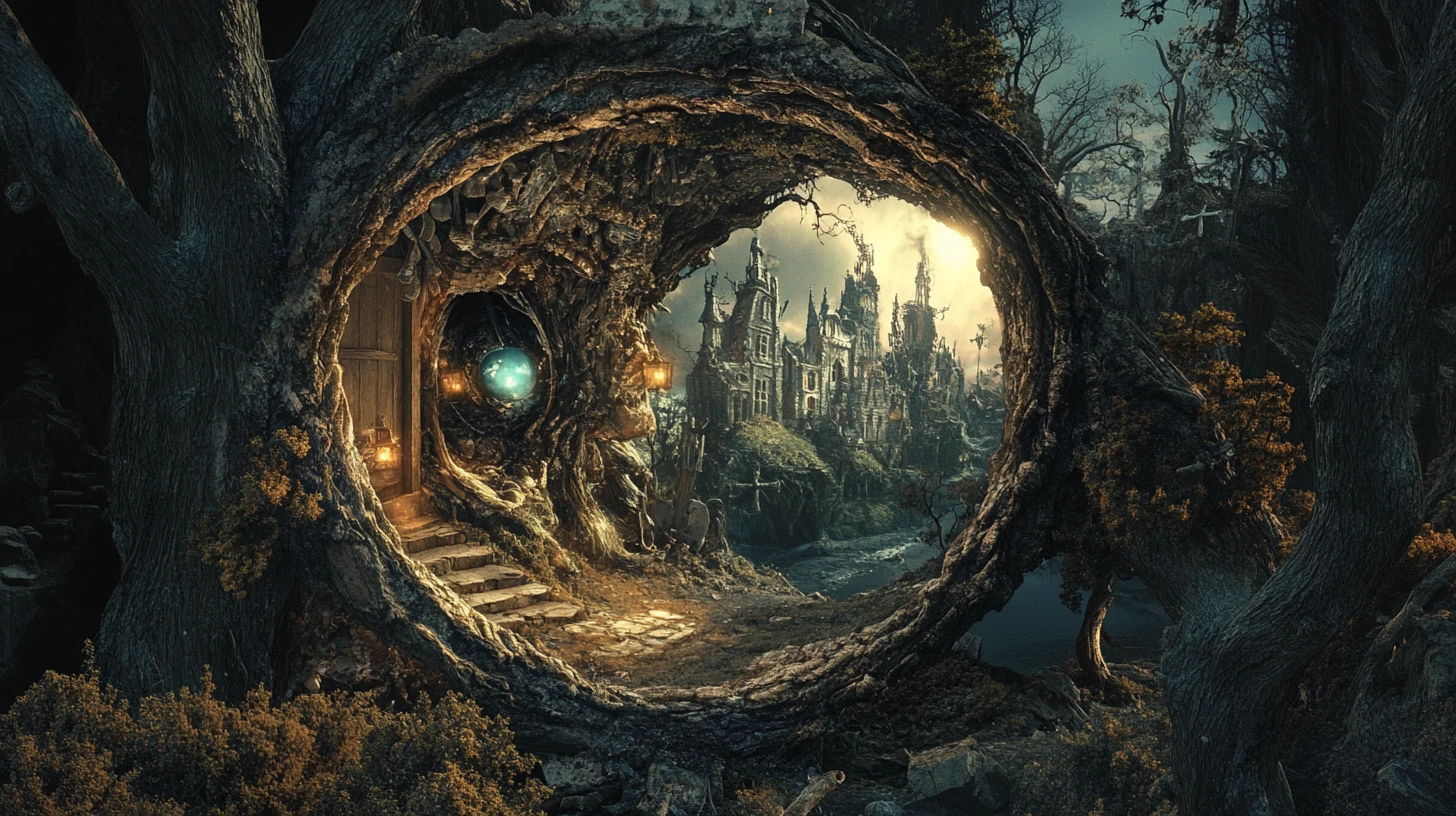 Paysage onirique surréaliste inspiré de visions de contes de fées fracturés