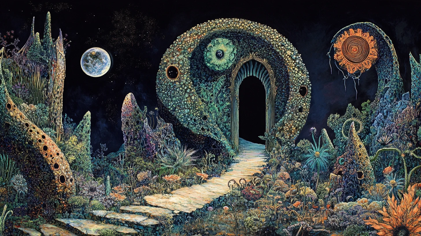 Monumento híbrido surreal em meio a uma pequena paisagem fantástica torta