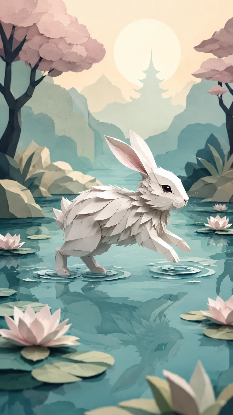 Coelho de origami flutuando suavemente em um lago calmo pela manhã