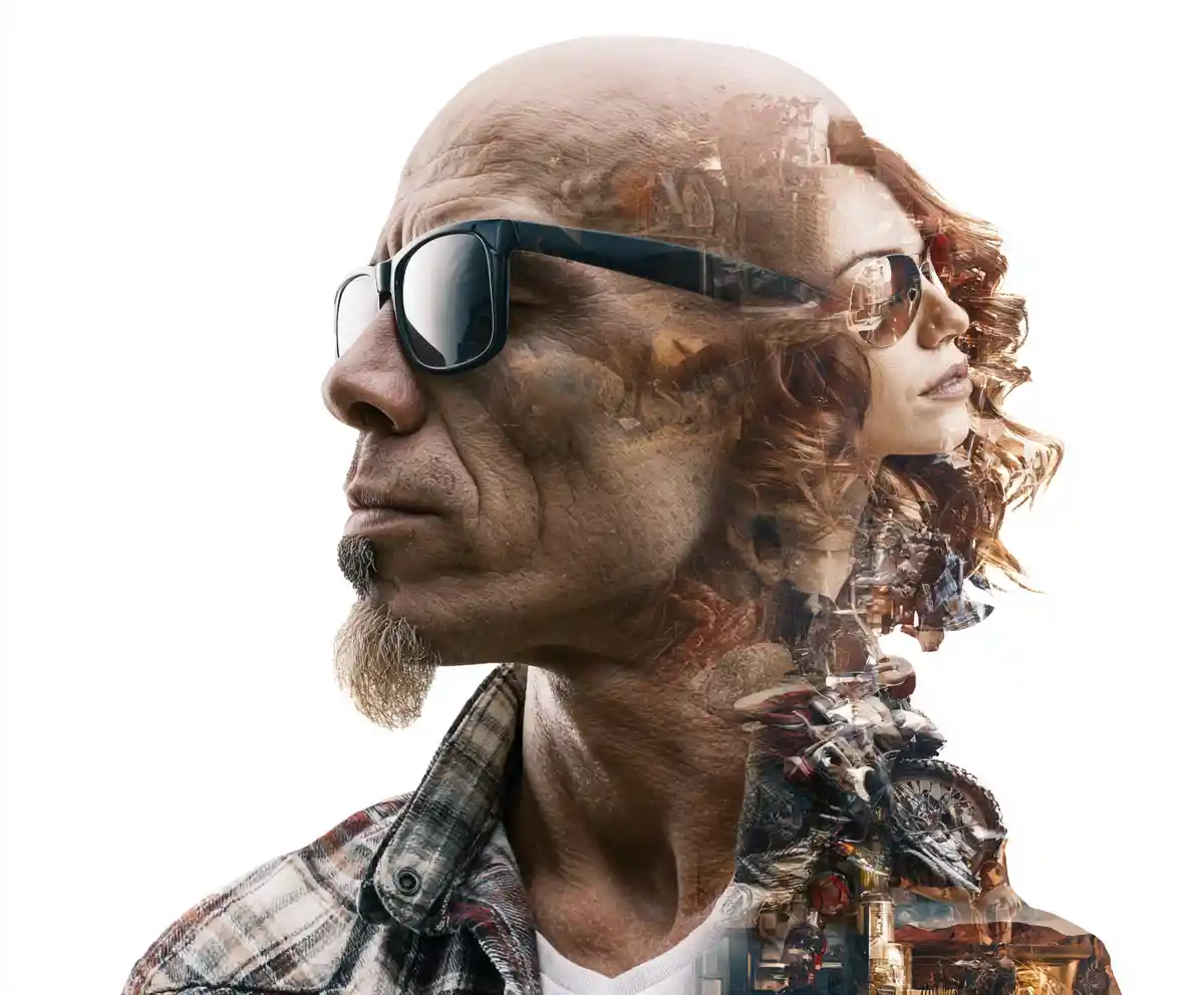 Retrato de dupla exposição de um homem careca de camisa de flanela