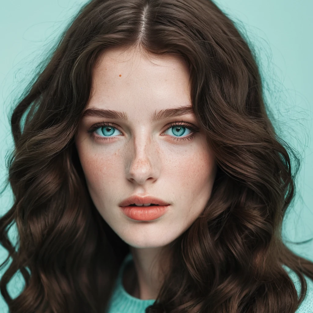 Retrato em close de uma mulher alemã pálida com olhos azul‑esverdeados