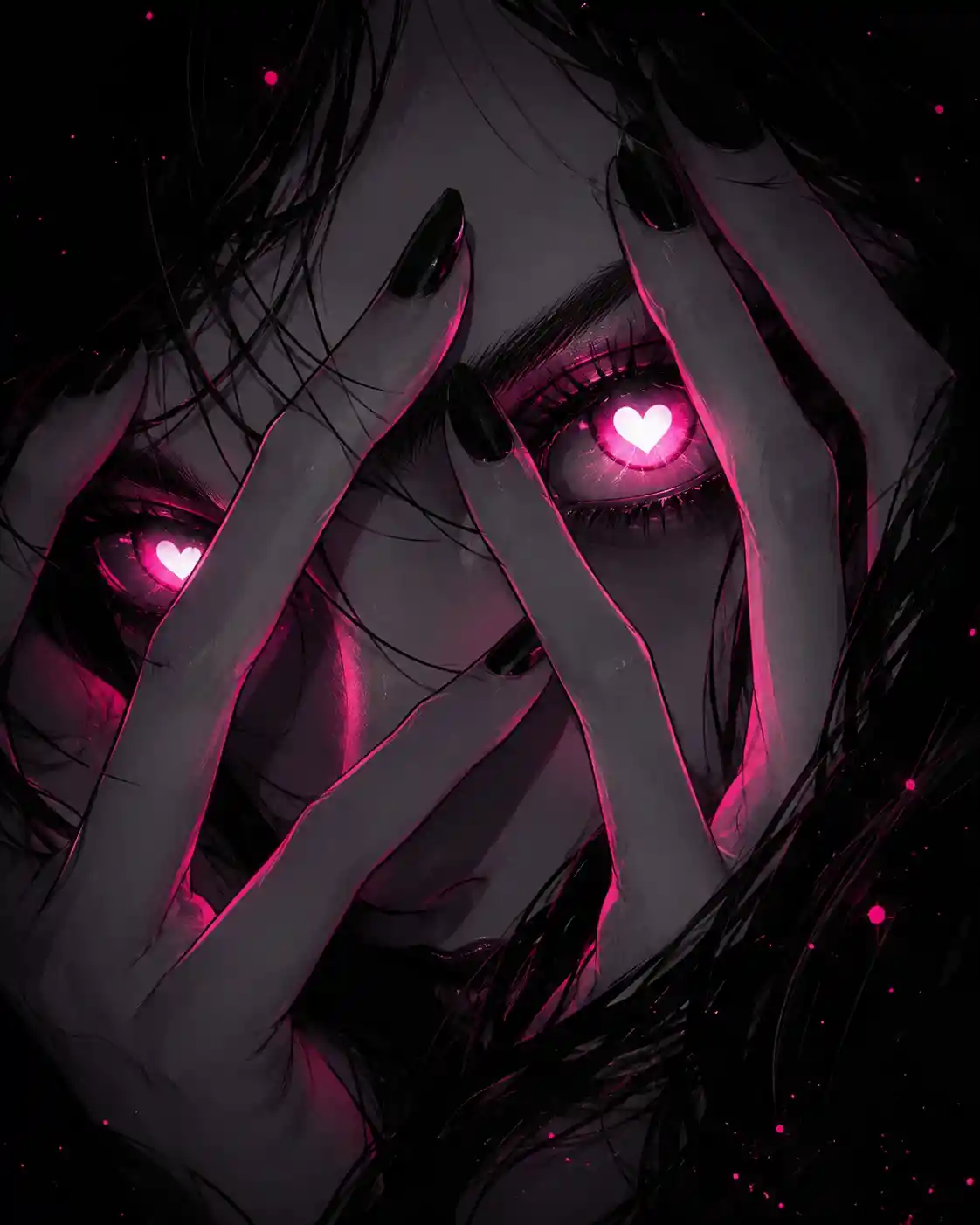 Mulher surreal de olhos neon emoldurada por mãos tensas e estendidas