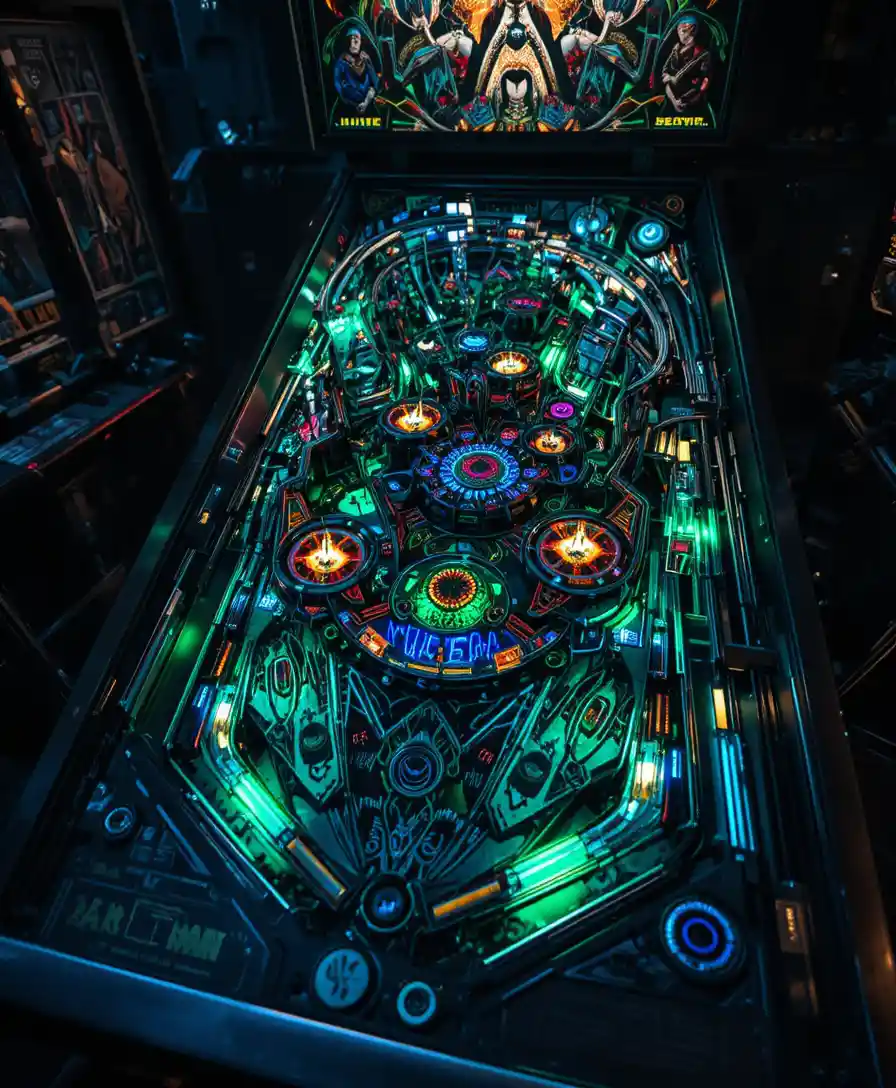 Mesa de pinball neon em uma cena sombria de fantasia surreal