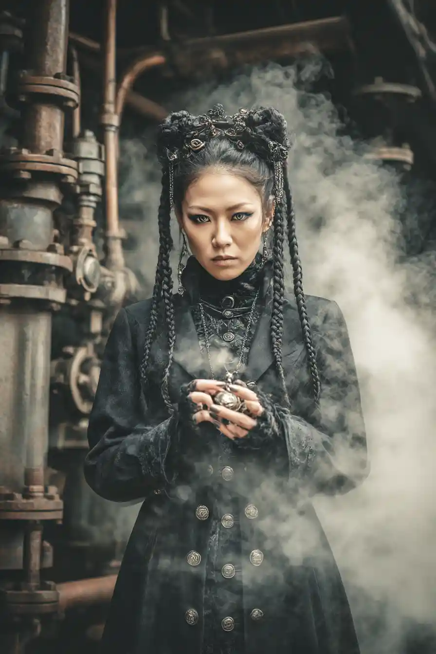 증기 파이프 사이에 선 땋은 까마귀색 머리의 스팀펑크 여자