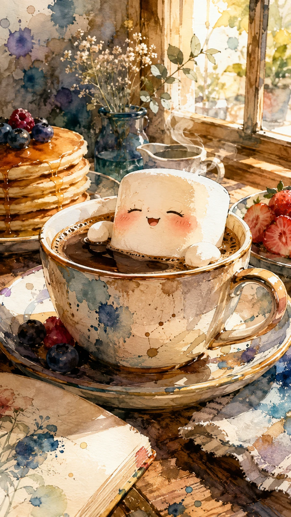 Illustration d’une mignonne guimauve se relaxant dans une tasse de café cosy