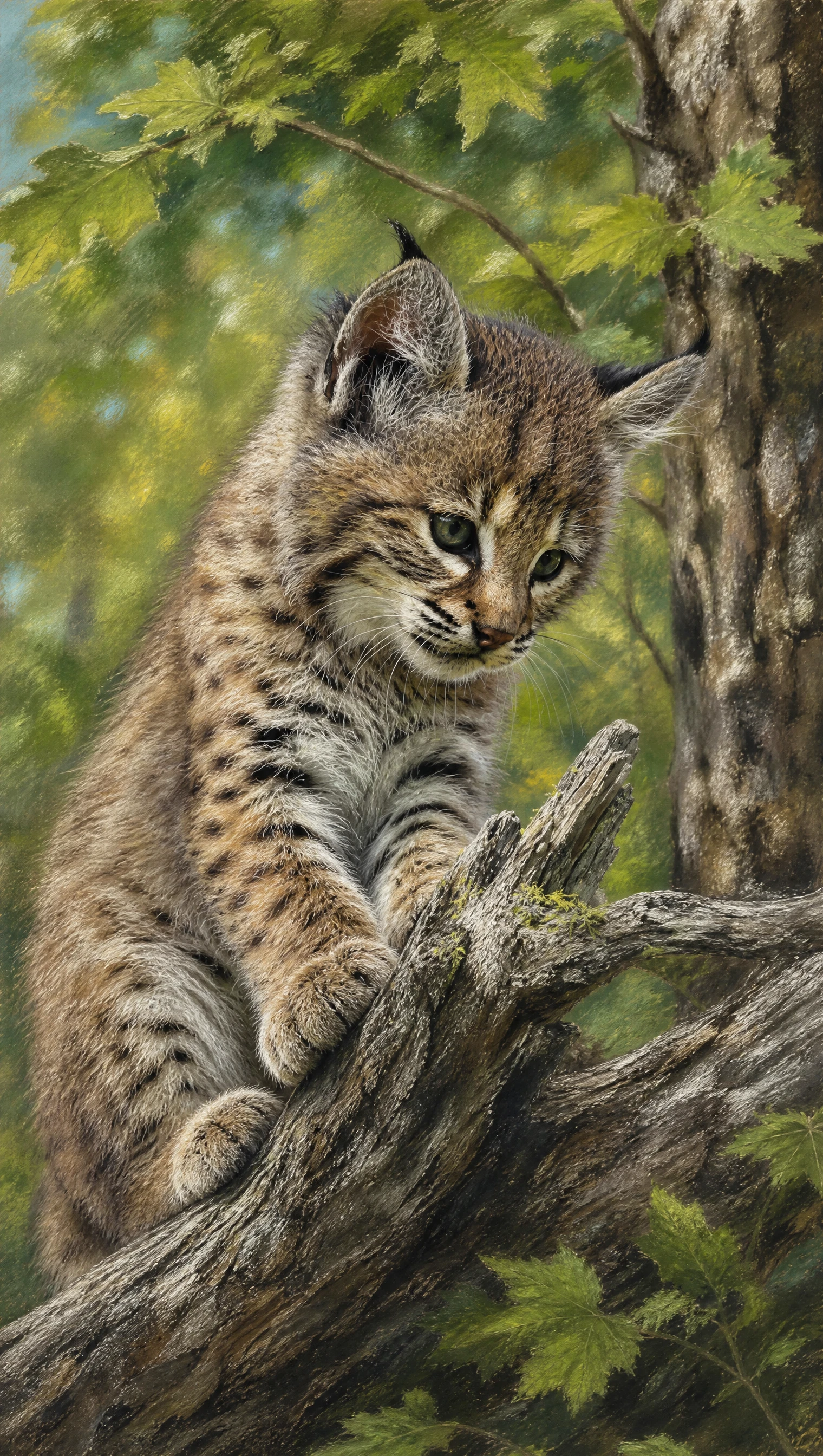 Jovem lince sentado em madeira envelhecida na floresta verde
