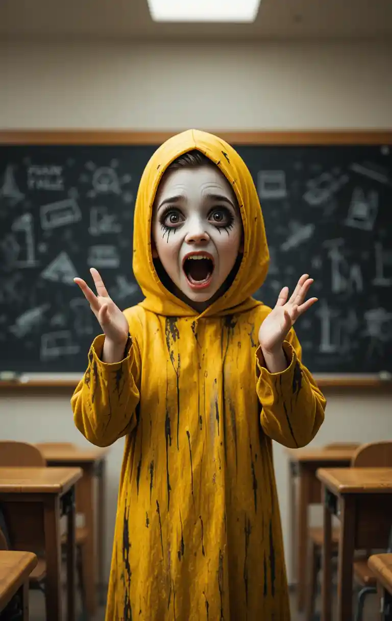 Verspieltes Kindergeist im gestreiften Kostüm im Klassenraum-Poster