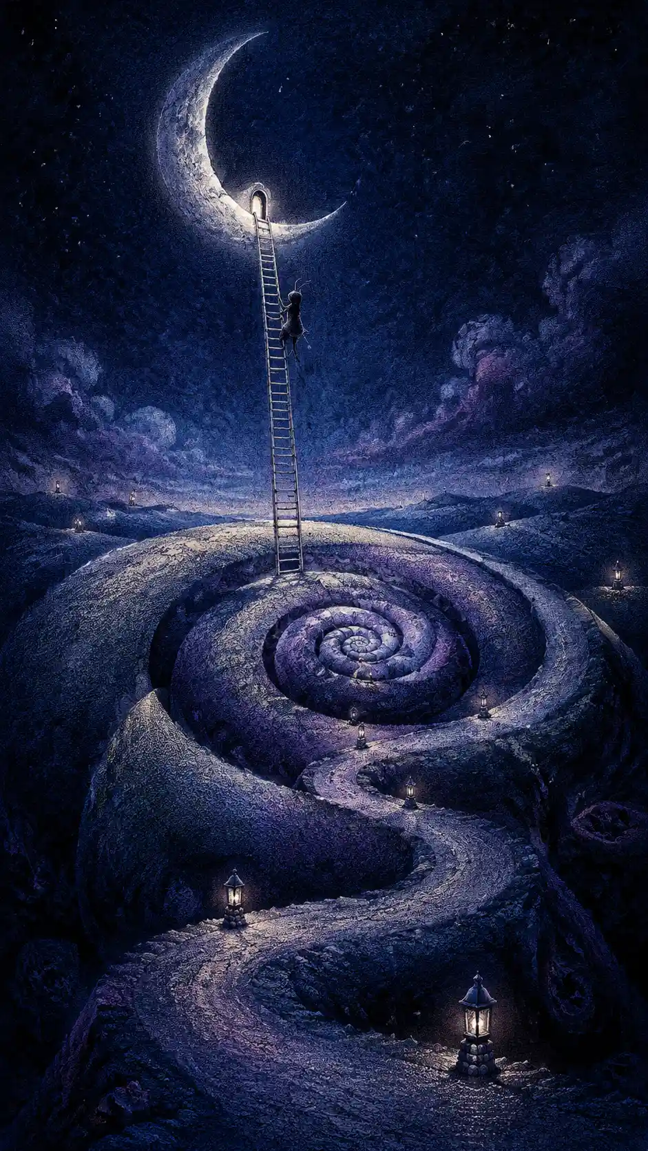 Luna crescente sopra colline a spirale surreali e scalatore solitario