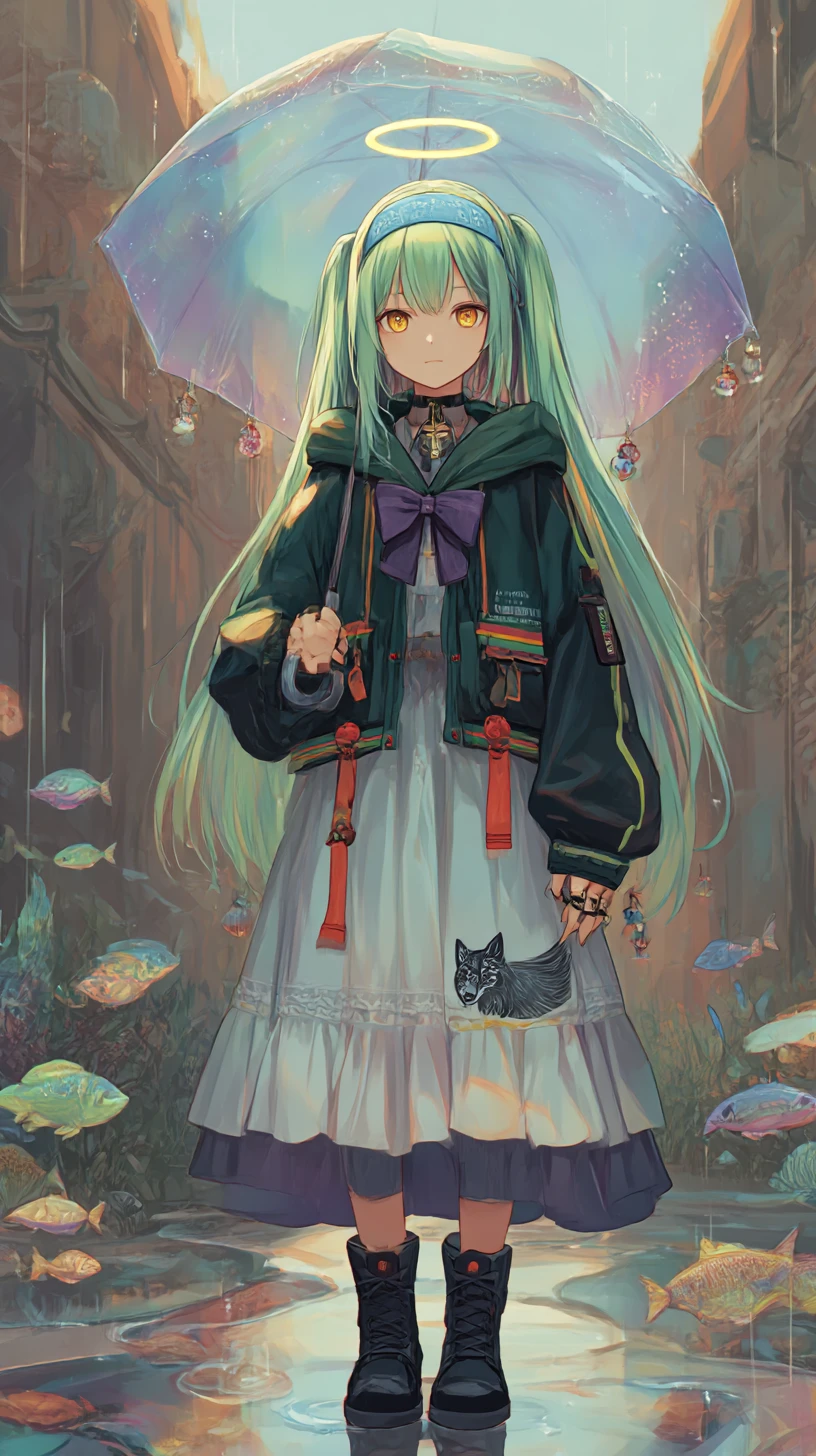 Anime-Mädchen mit Regenschirm auf regennasser Straßen in der Stadt