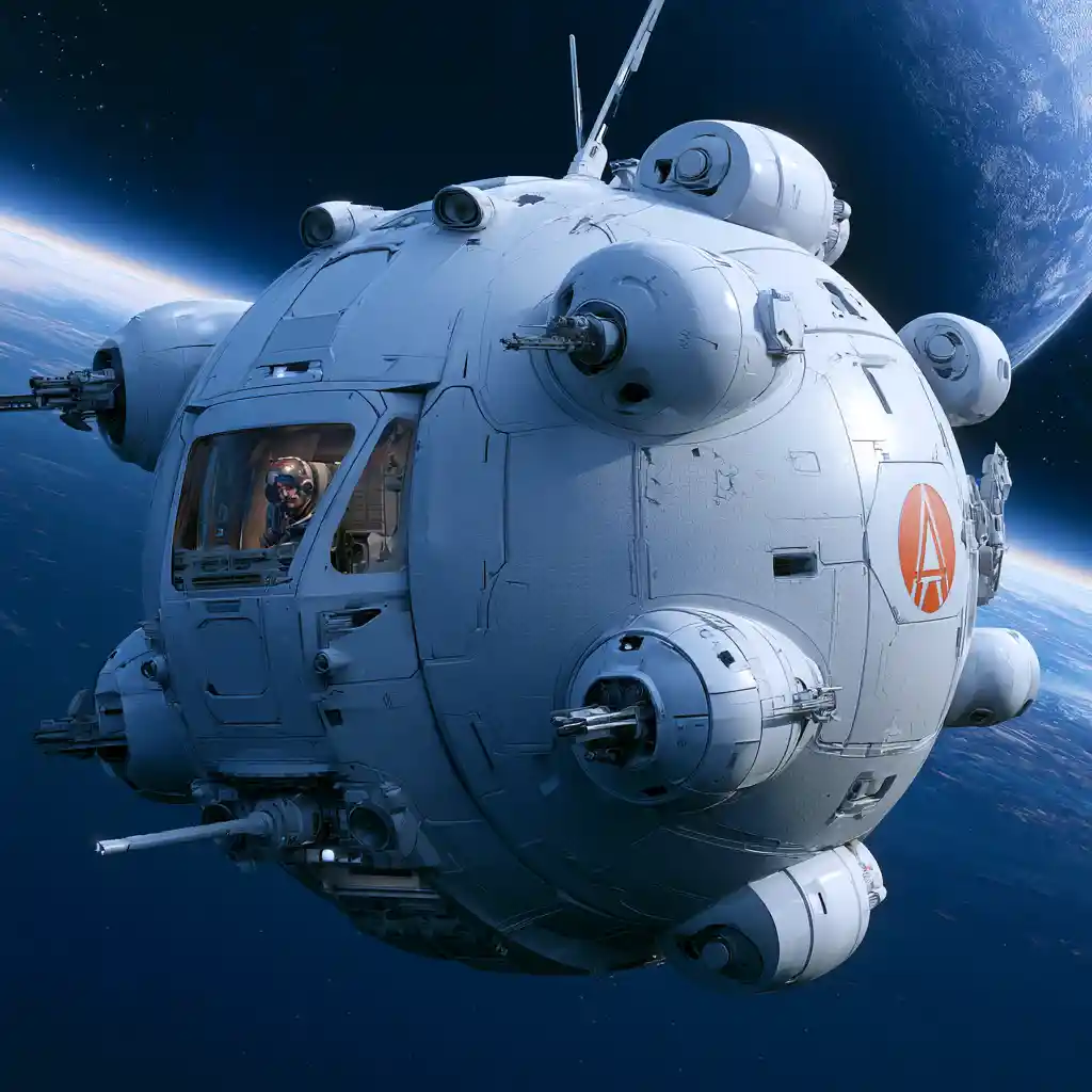 Caza espacial esférico monoplaza sobre un planeta azul distante