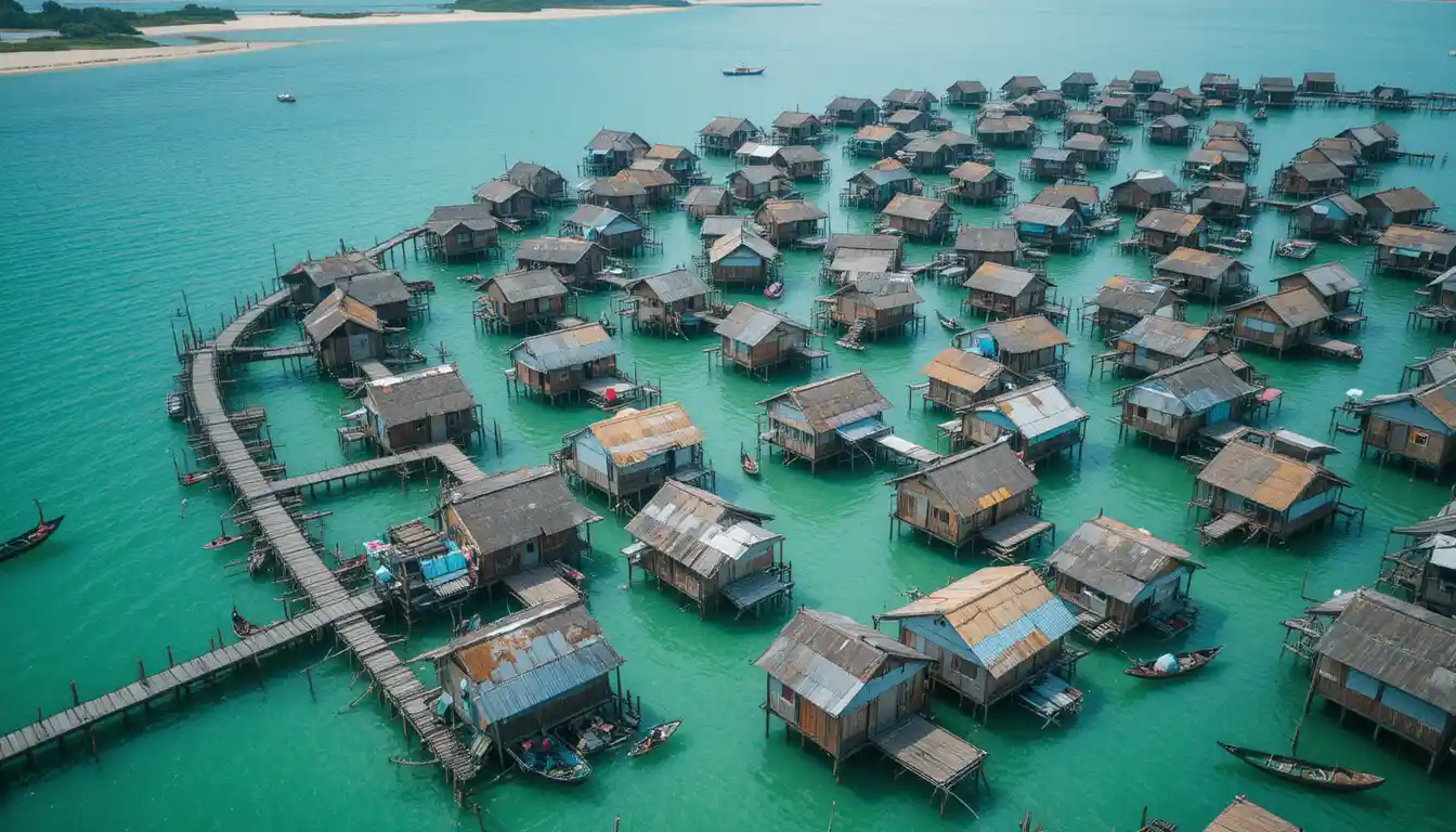 Vue aérienne d’un village sur pilotis rustique au-dessus d’une eau turquoise