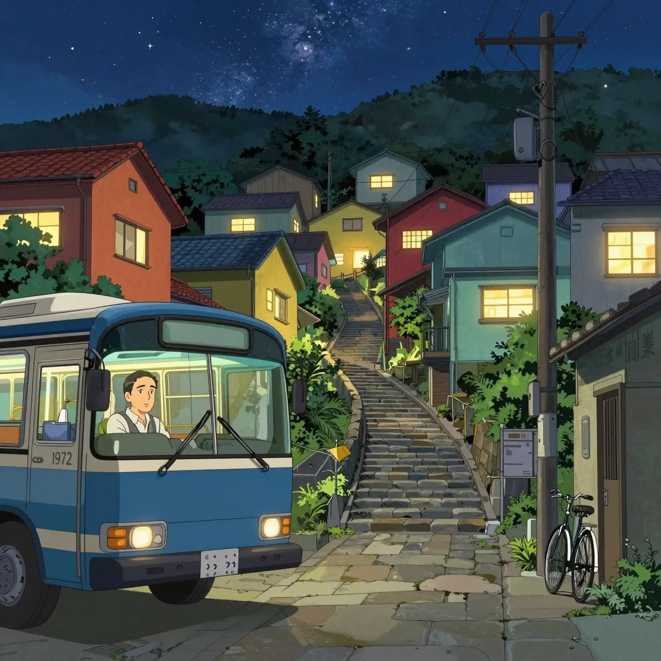 Bus vintage dans une rue calme de ville sur la colline sous un ciel étoilé