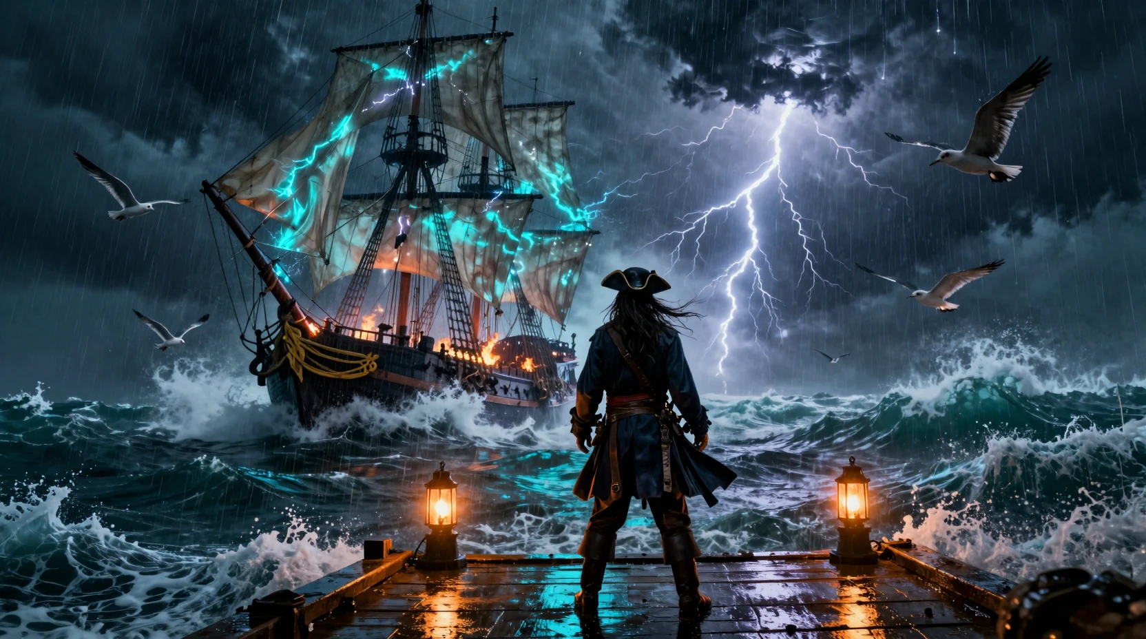 Pirata solitário em píer tempestuoso diante de um mar encantado em fúria