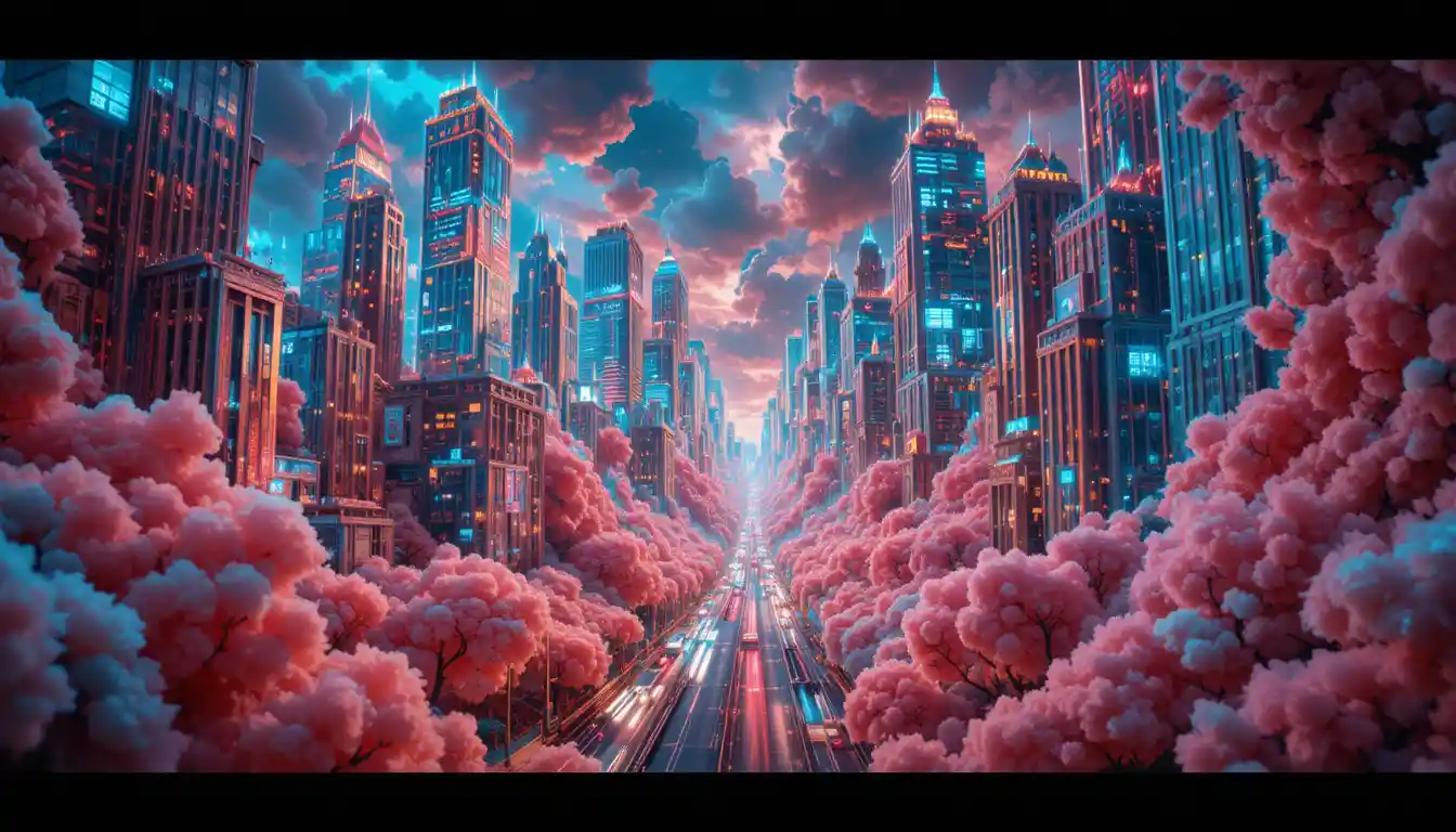 Paisagem Urbana Neon Surreal Tecida com Estruturas de Algodão‑Doce