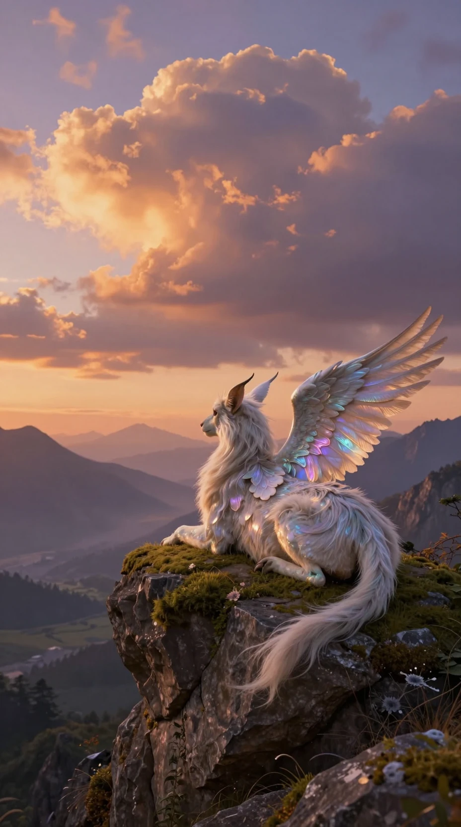 Chimera mitica che riposa sopra una valle illuminata dal tramonto
