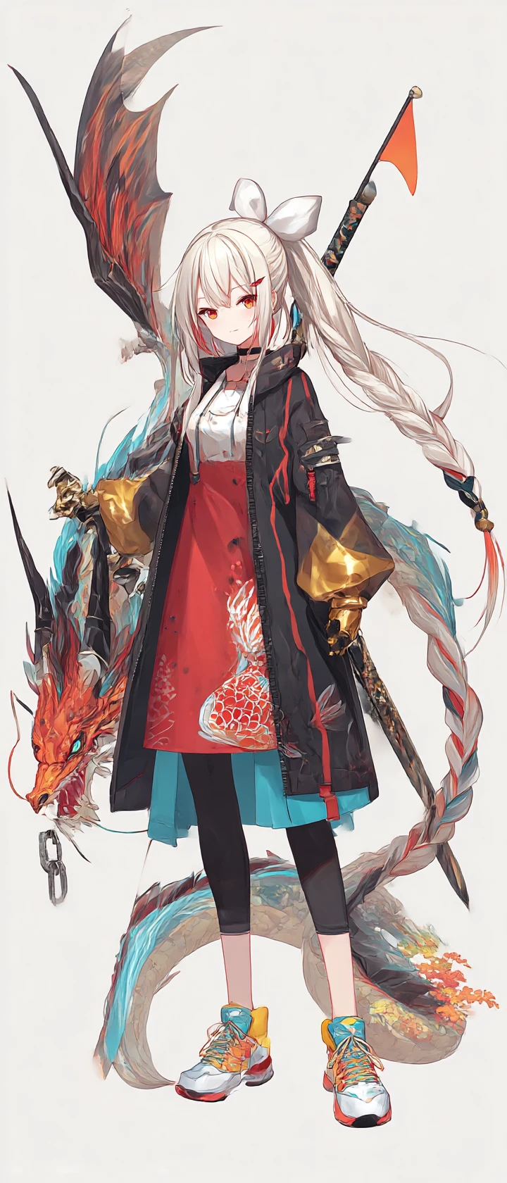 彩虹瀑布前揮舞長劍的龍翼少女