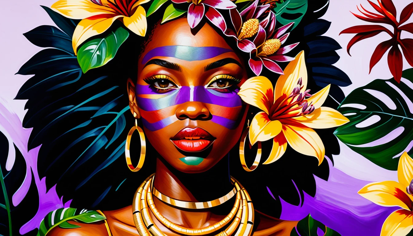 Retrato em close de uma mulher com buquê tropical e joias de ouro