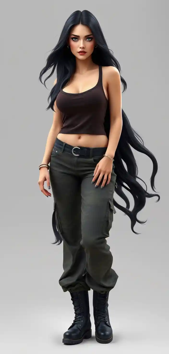 Große, muskulöse Frau mit rabenschwarzem Haar und dunklem, edgy Stil