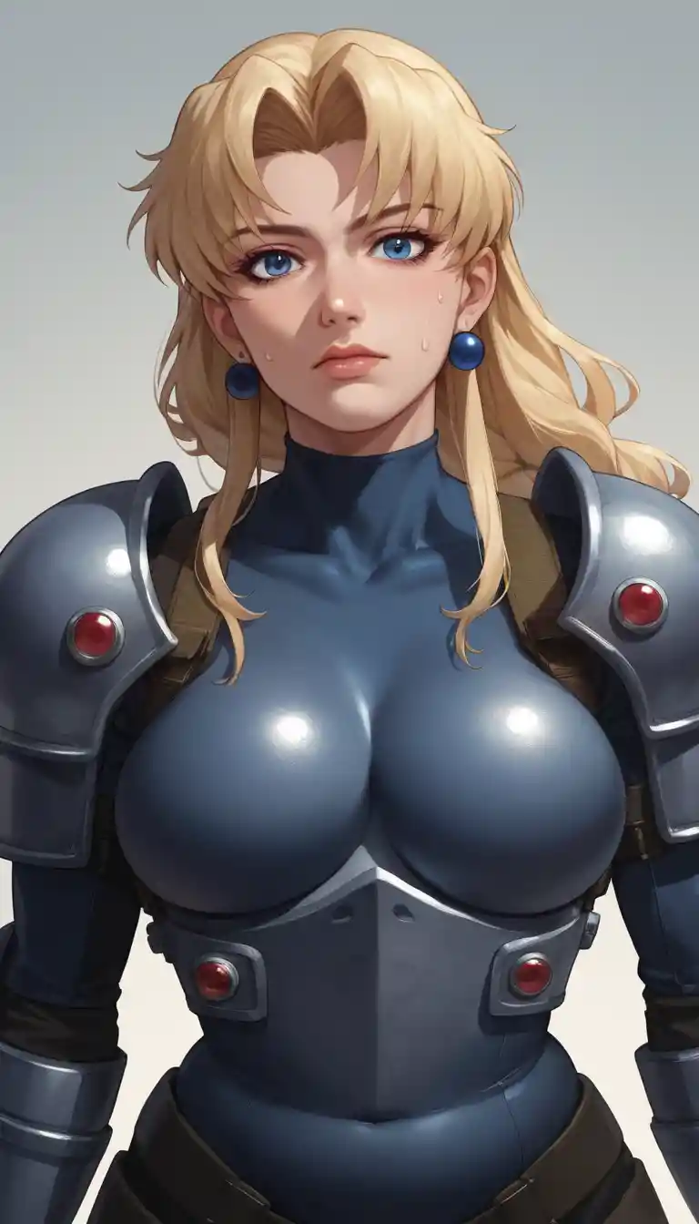 Heroína de anime sedutora de olhos azuis em armadura de collant metálico