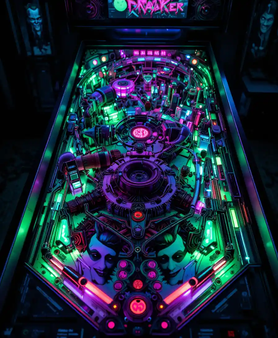 Table de flipper néon dans une atmosphère sombre et chaotique
