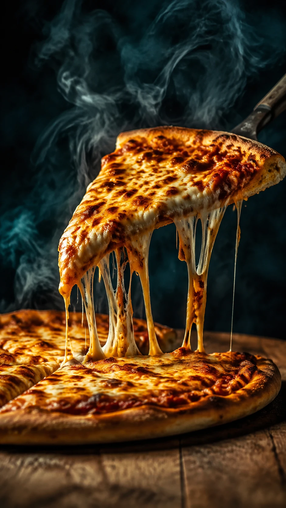 Fatia de pizza cheia de queijo erguida de uma mesa rústica de madeira