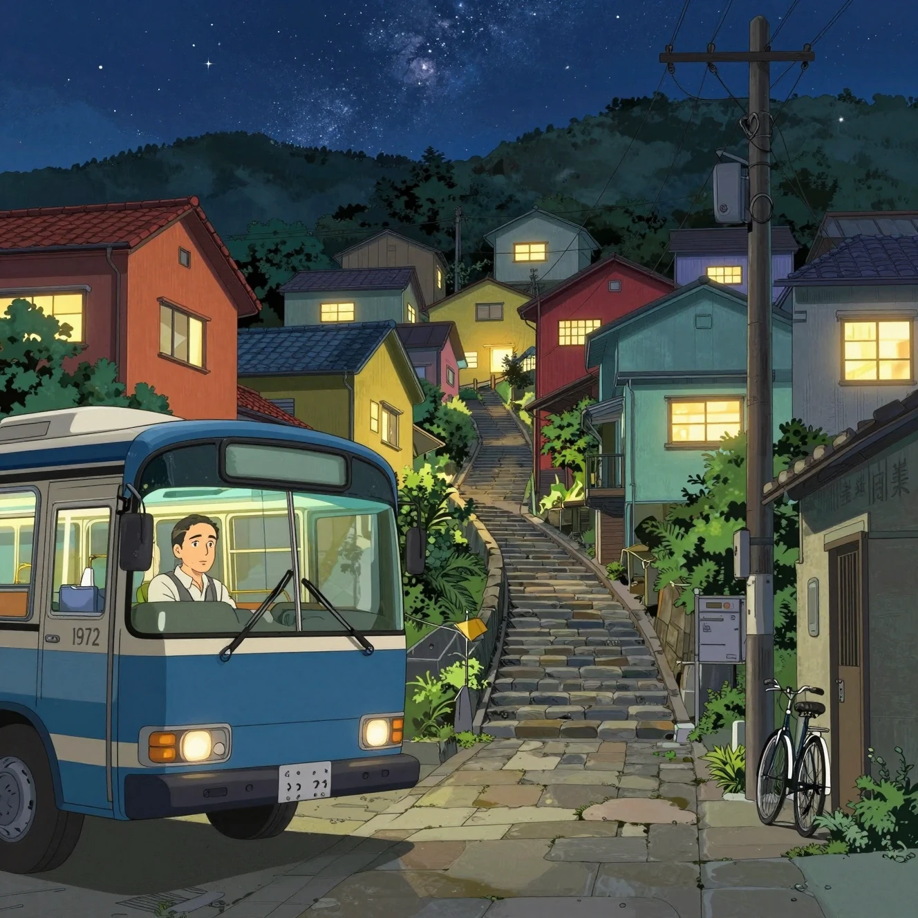 Ônibus vintage em uma tranquila rua de cidade na encosta sob céu estrelado
