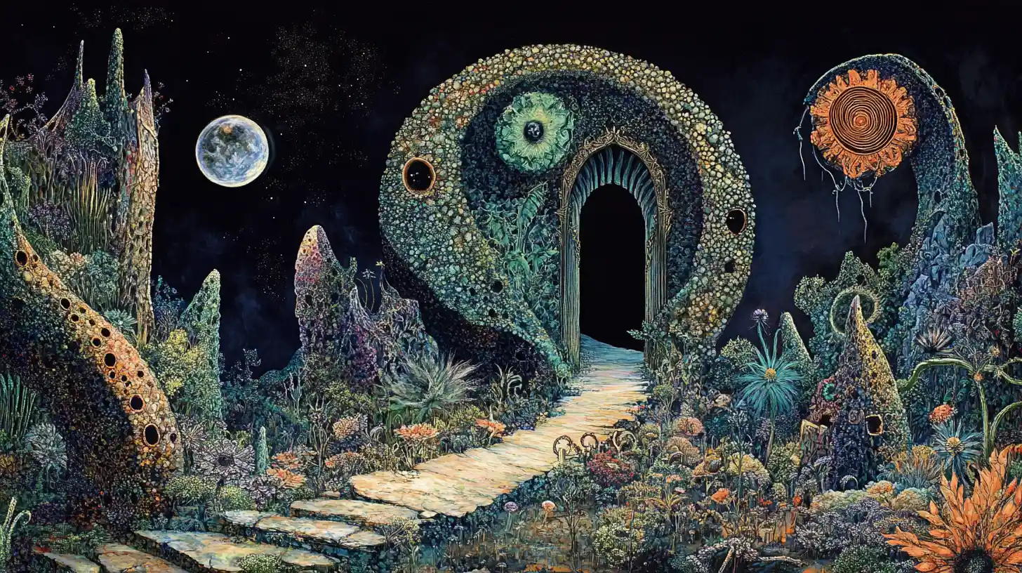 Monument hybride surréaliste au cœur d’un minuscule paysage fantastique et bancal
