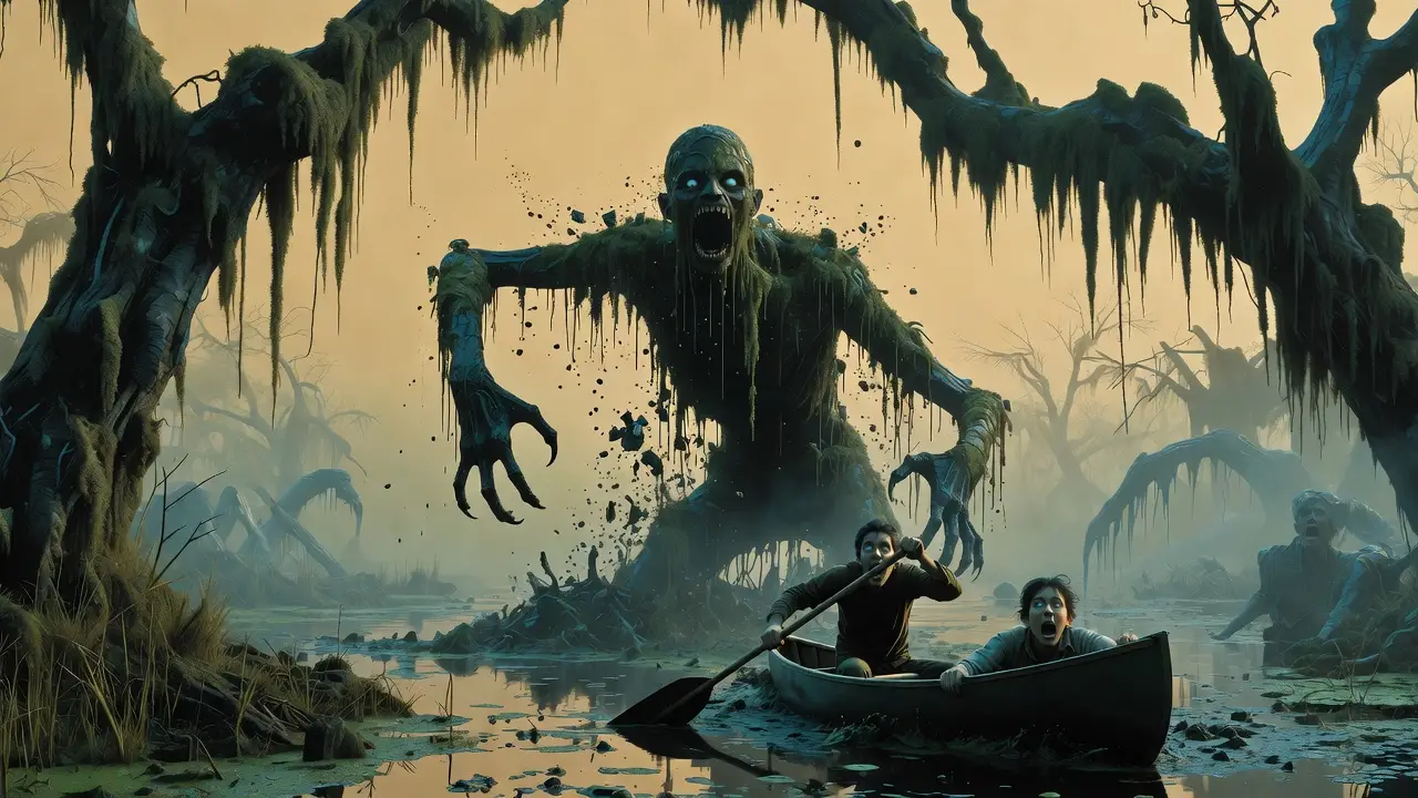 Monstre macabre surgissant d’un marais enchanté devant des canoeistes