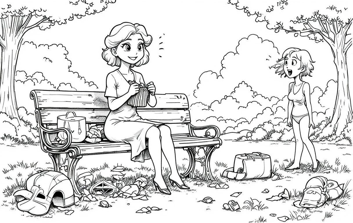 Woman knitting on a park bench in a playful cartoon scene