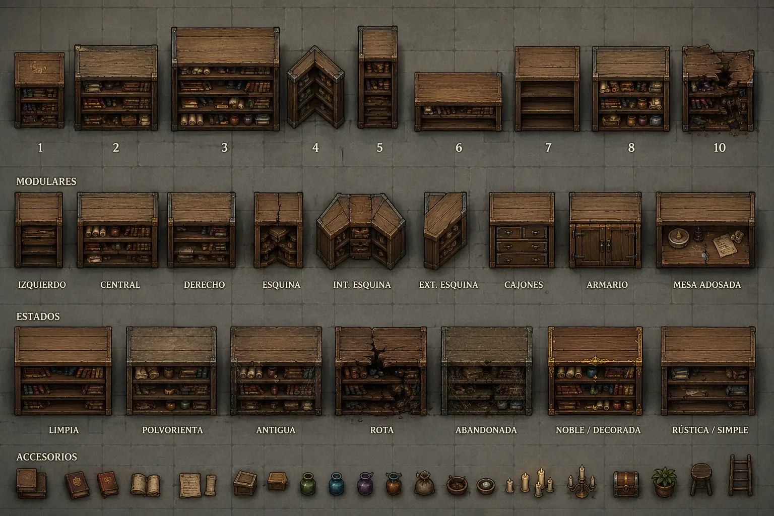 Libreria medievale in legno vista dall’alto per mappe fantasy 2D
