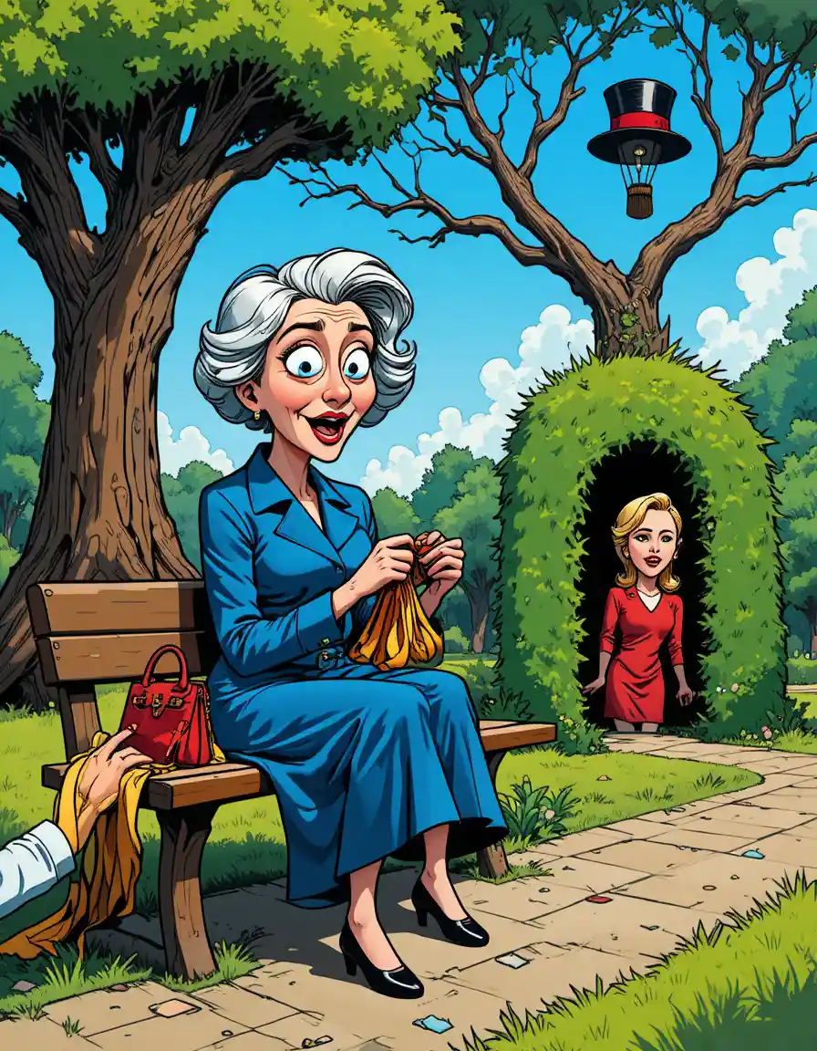 Idosa tricotando em um banco de parque em estilo cartoon