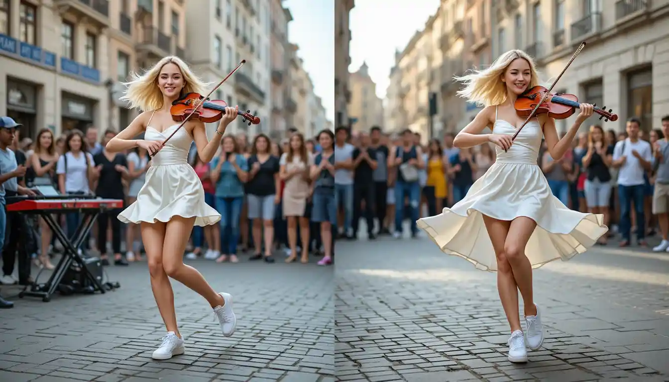 Violoniste de rue joyeuse en robe blanche