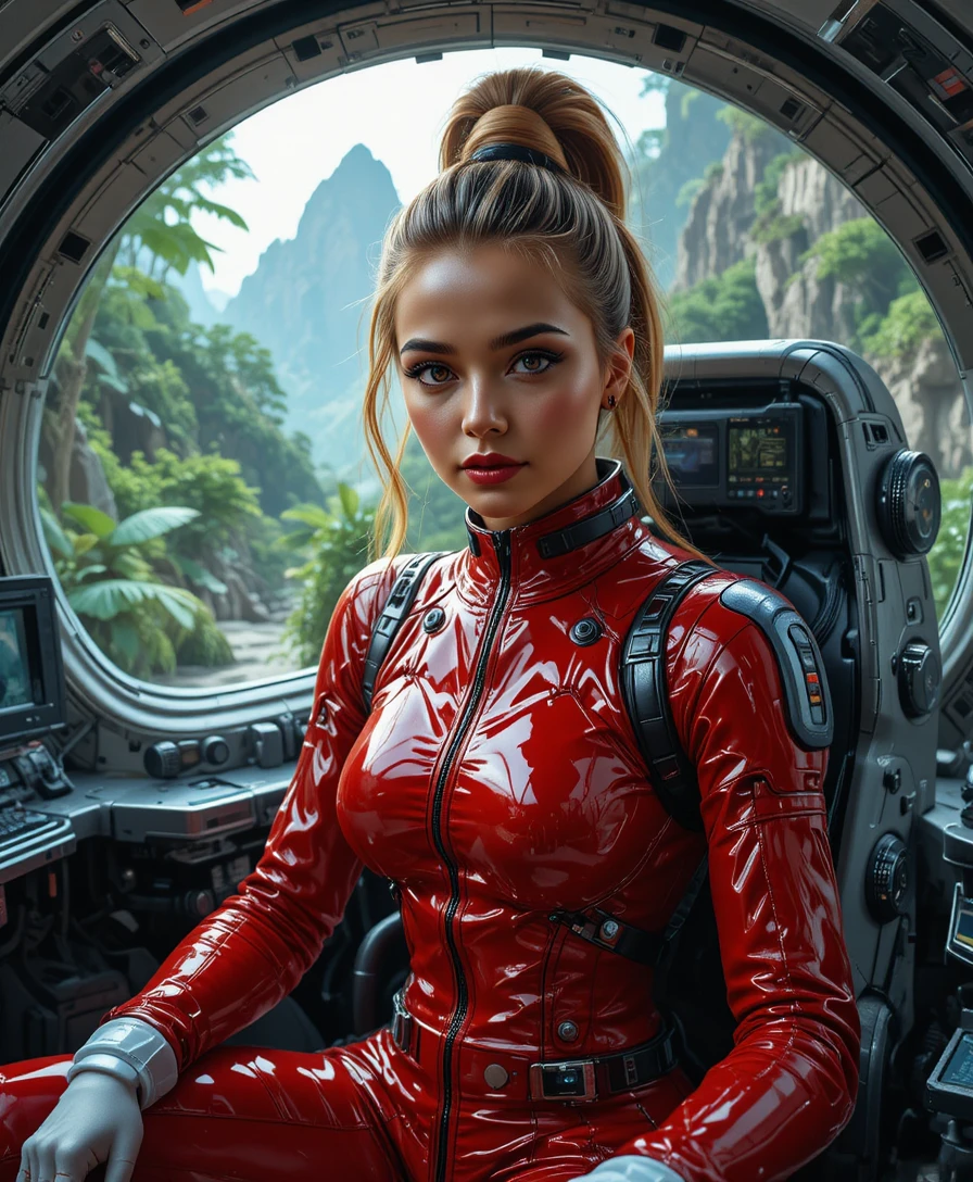 Jovem piloto de vermelho dentro de cabine futurista de nave espacial