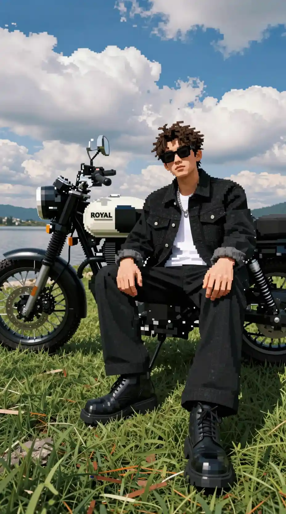 Jovem relaxando na grama à beira do lago ao lado de uma motocicleta