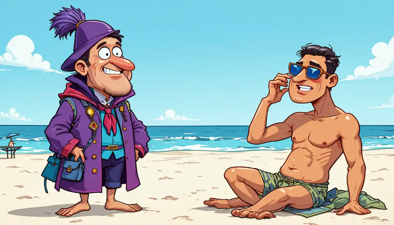 Scena di spiaggia a cartone animato con due buffi personaggi che conversano