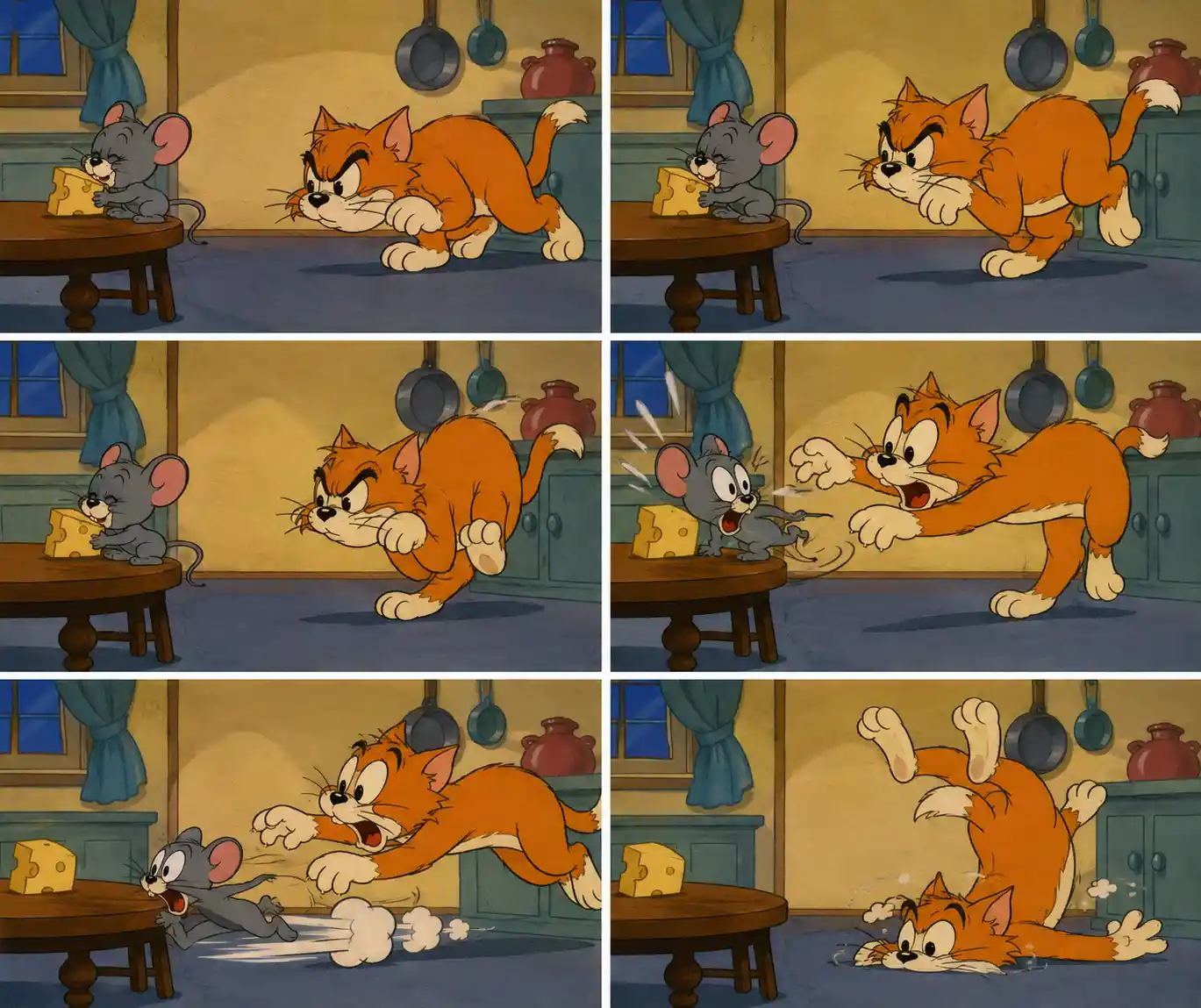 Gato de desenho vintage espreitando um rato na cozinha