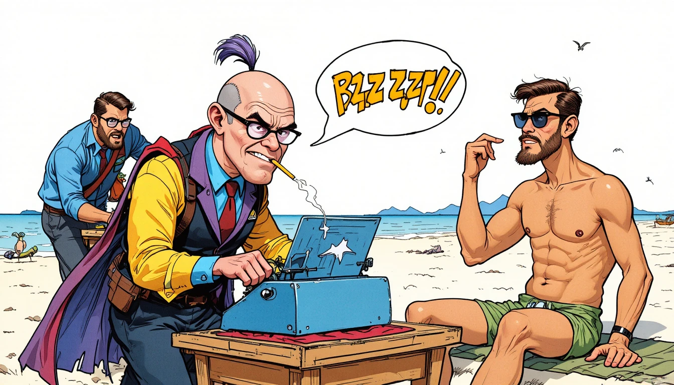 Escritor ansioso digitando em uma máquina de escrever em estilo cartoon