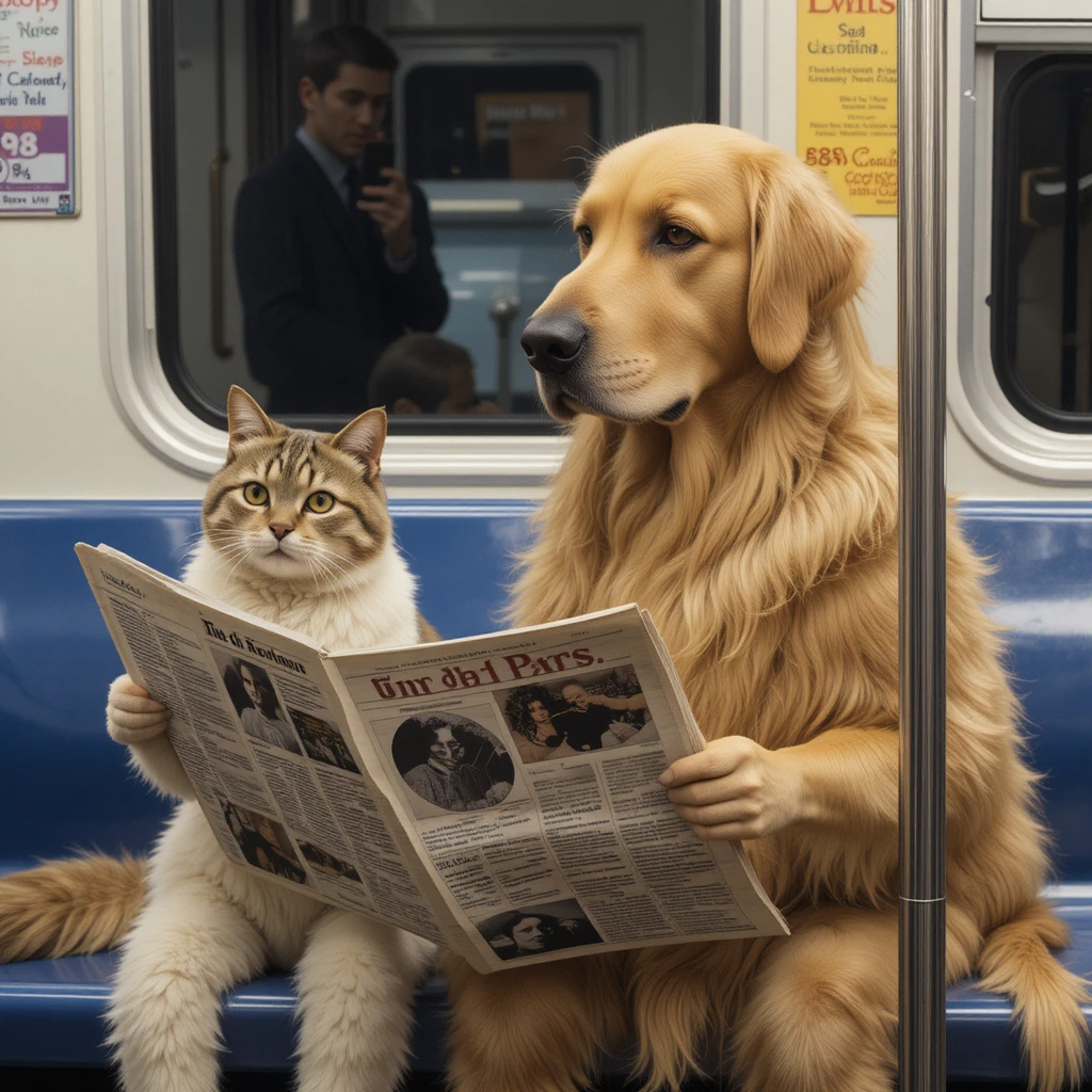 Golden retriever lendo jornal em um metrô lotado
