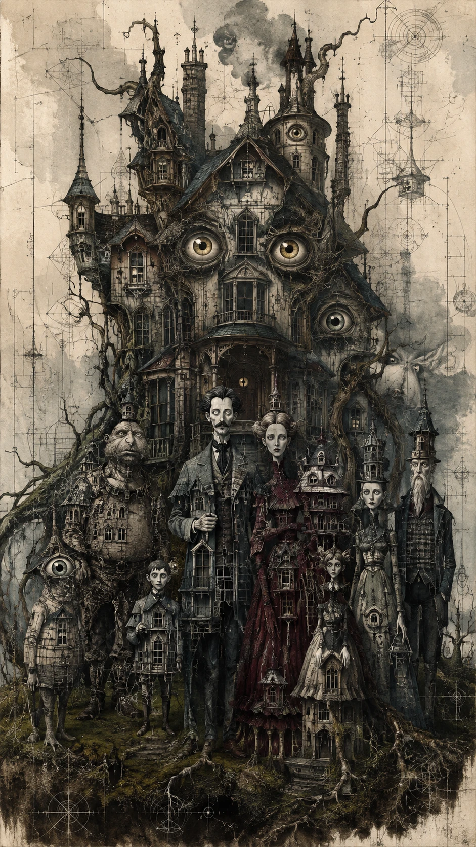 Mansão gótica e família surreal reunida para retrato