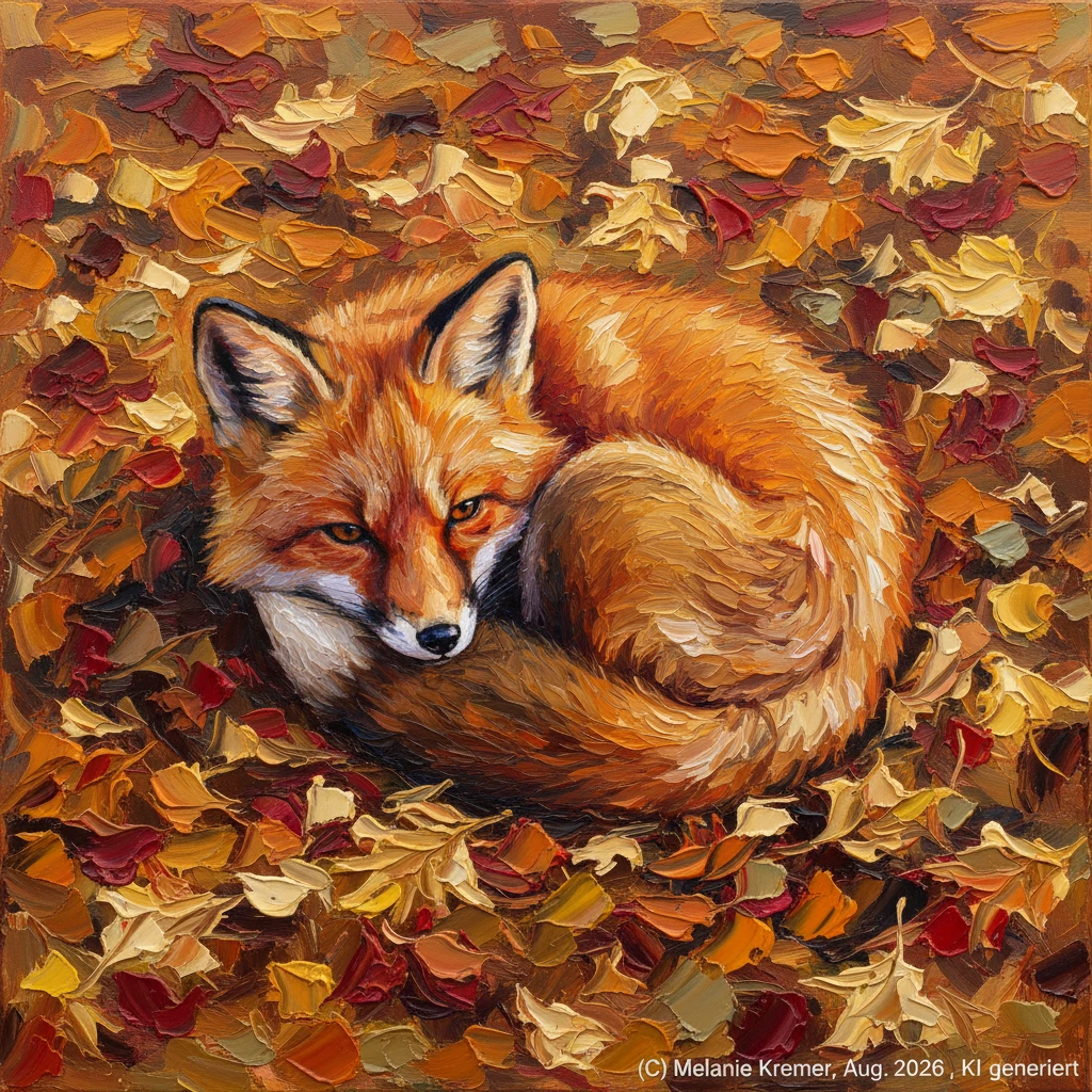 Fofa raposa vermelha enroscada em folhas coloridas de outono - pintura