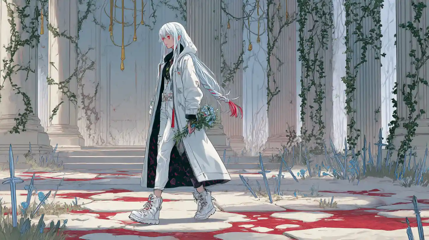 Anime girl in white coat with braids and combat boots