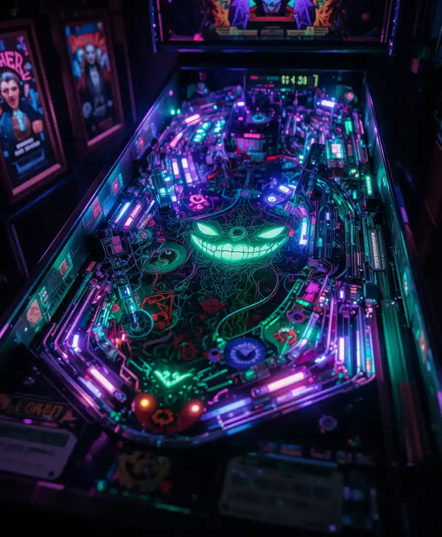 Neon pinball table in a dark ominous arcade scene