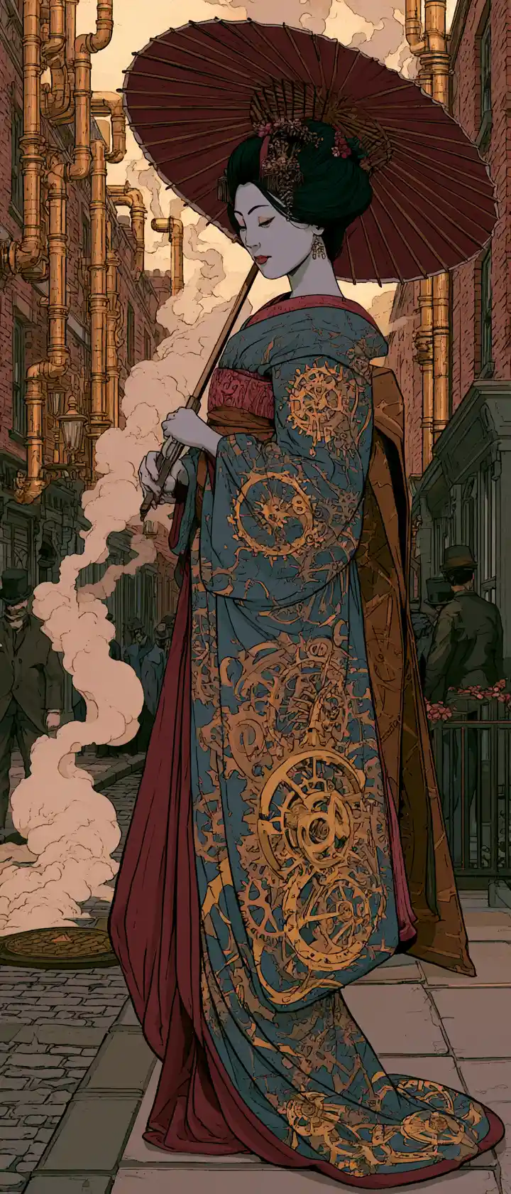 Geisha en kimono steampunk dans une rue victorienne animée