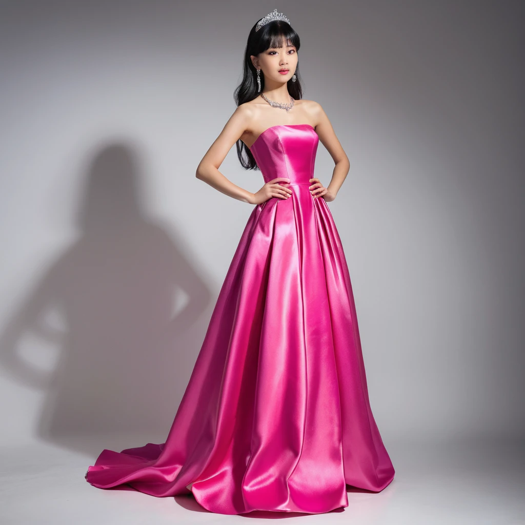 Jovem japonesa elegante com vestido de baile em cetim rosa choque