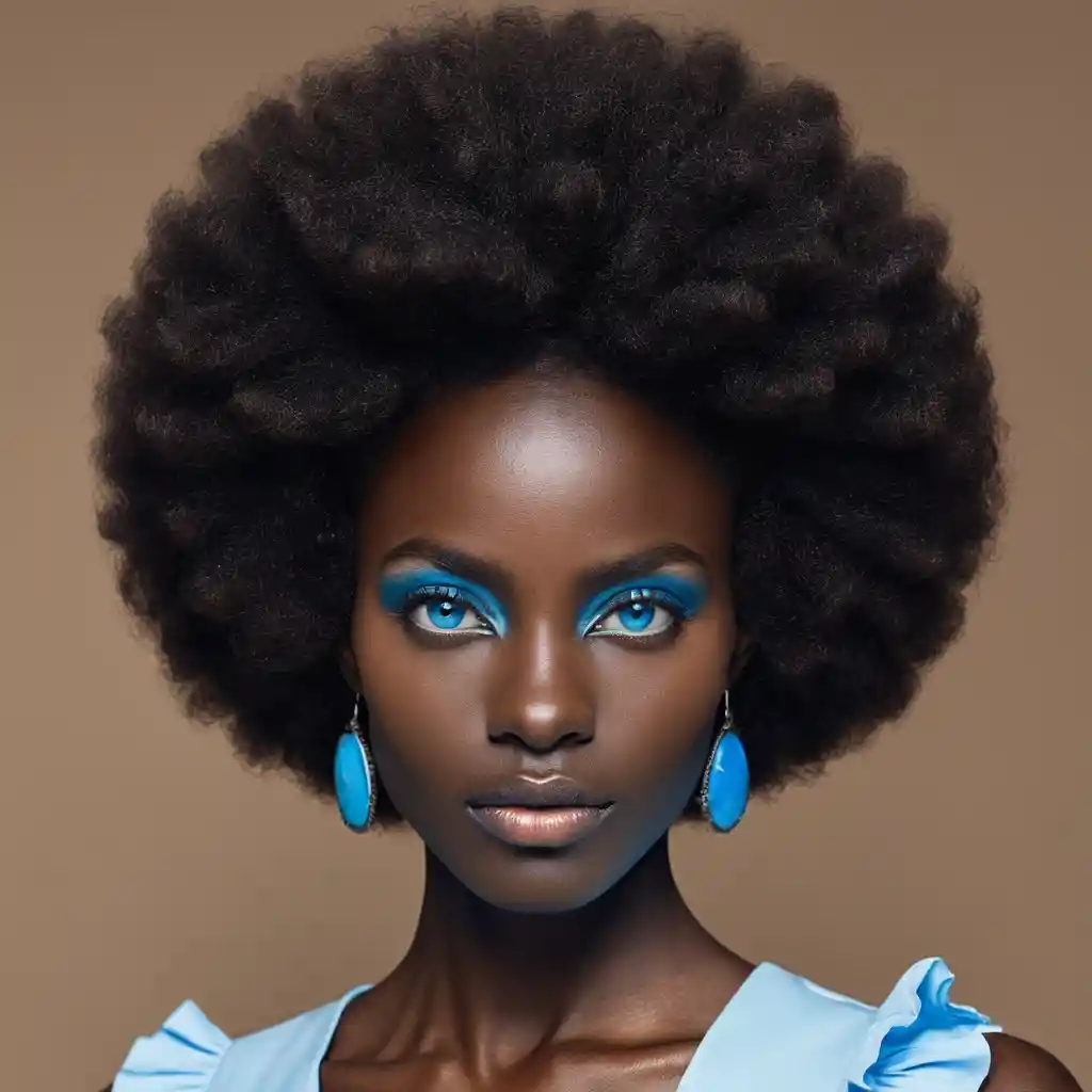 Retrato em close de uma mulher negra com olhos azuis