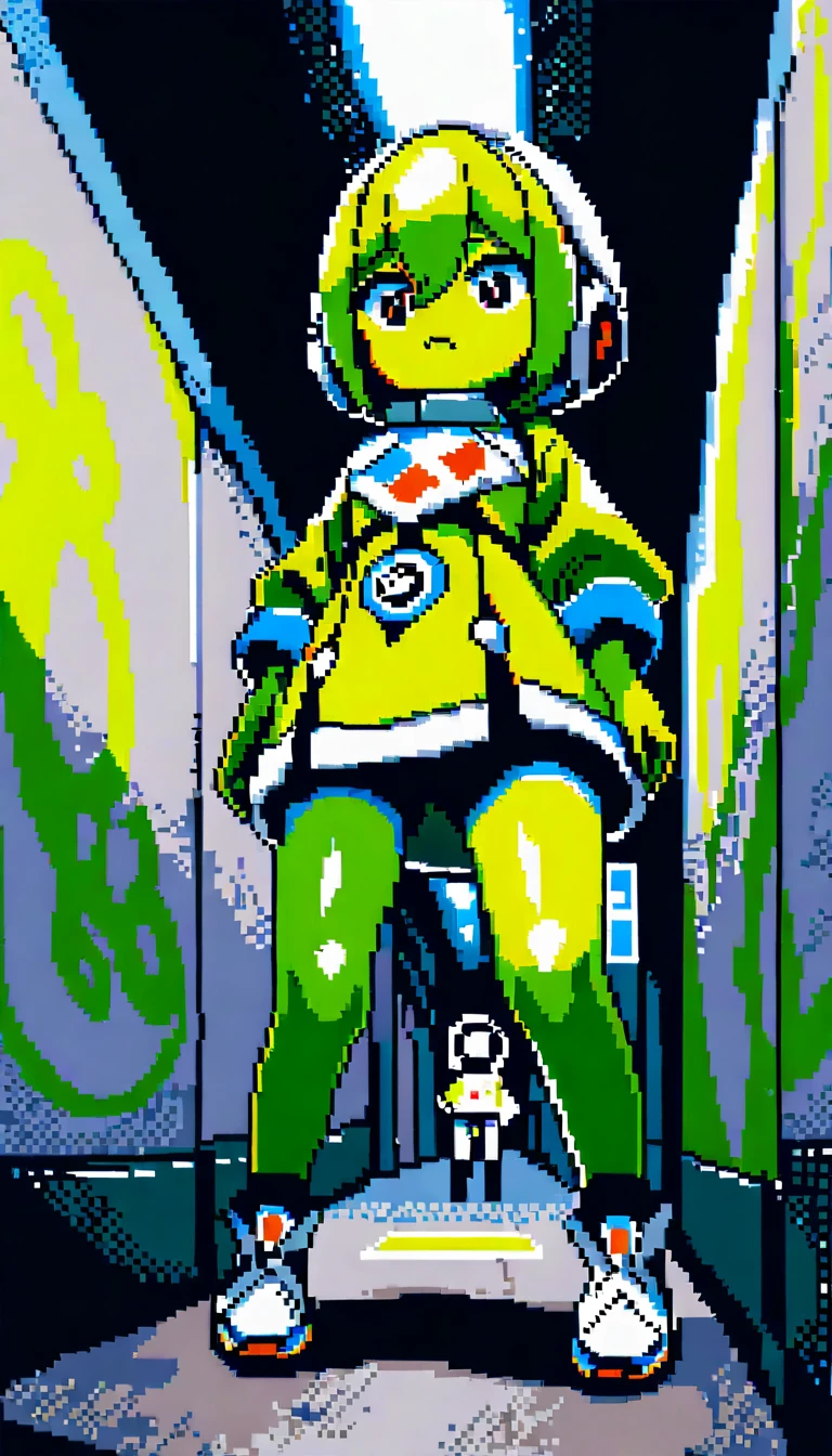 Pixel-Art-Anime-Mädchen, das eine graue Stadtstraße entlanggeht
